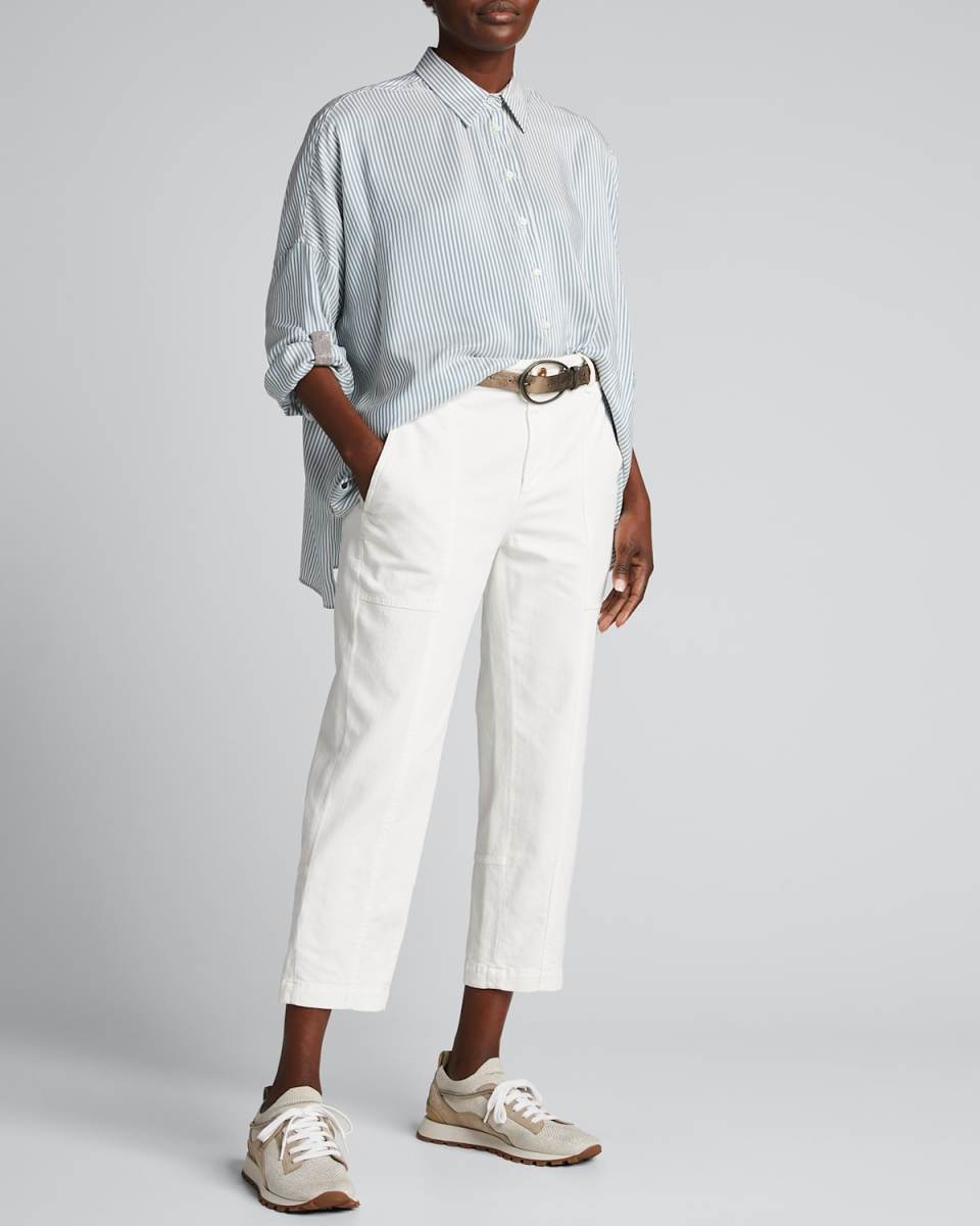 Striped Silk Boyfriend Shirt w/ Monili Trim